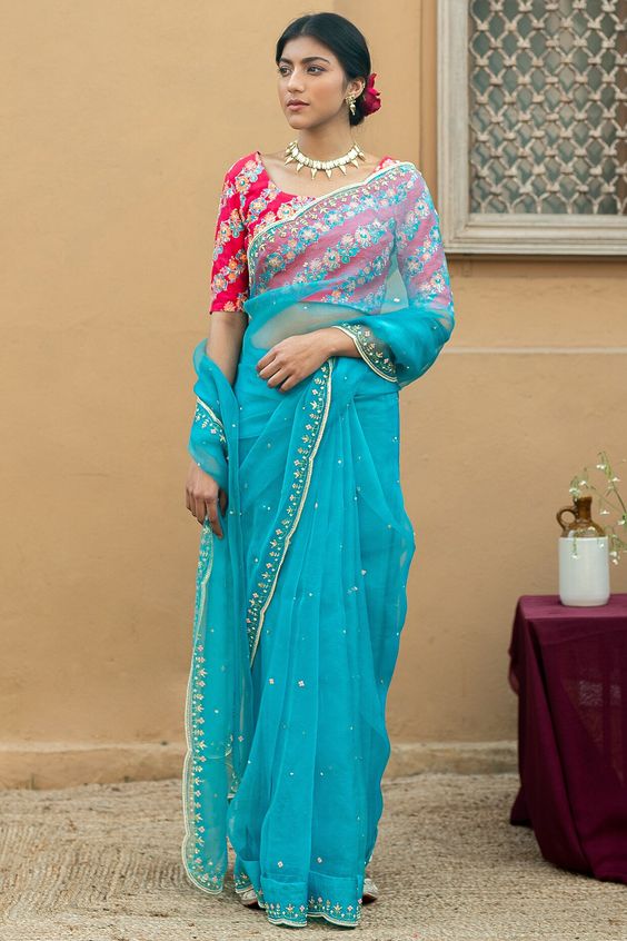 Raw Silk Blue Saree Contrast Blouse