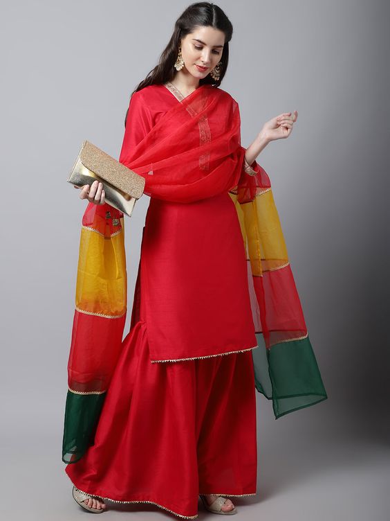 Red Plain Silk Suit Design