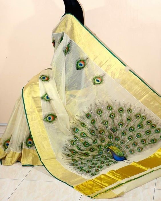 Single Peacock Feather Saree Design