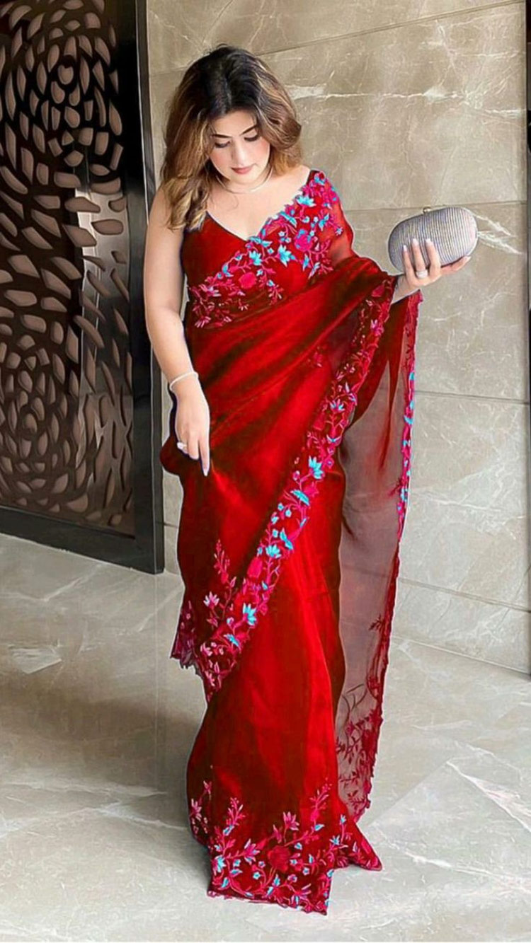 Thread lace work saree