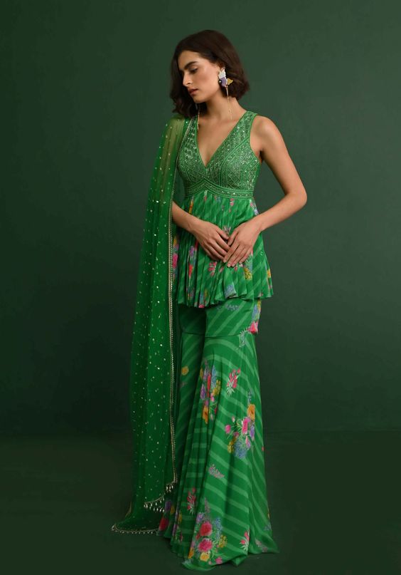 V Neck Green Sharara Suit