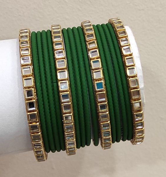 mirror work green bangles set for teej