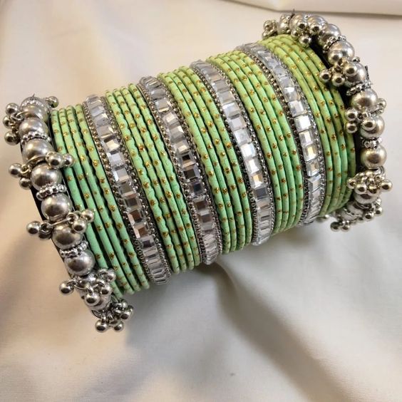 silver metal green bangles set for teej