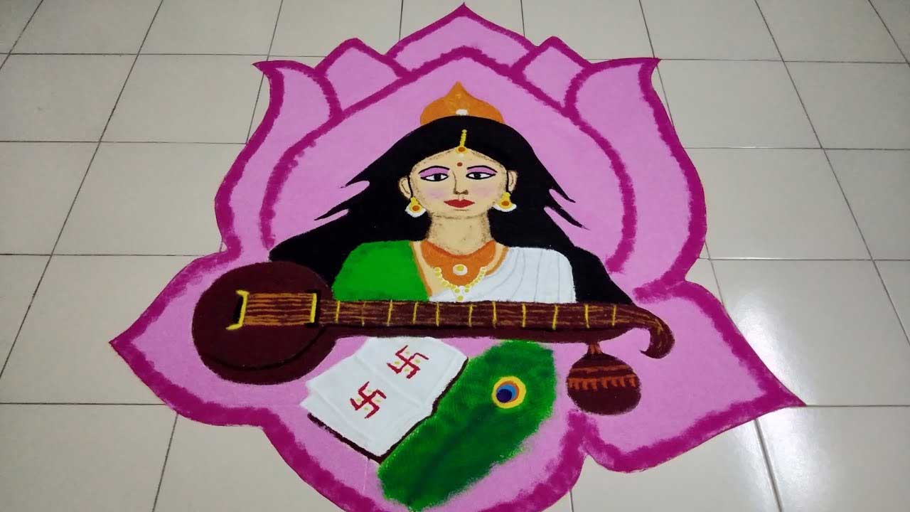 Floral Design Rangoli For Sarawati Puja