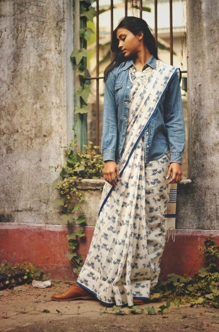 Denim jacket style with saree