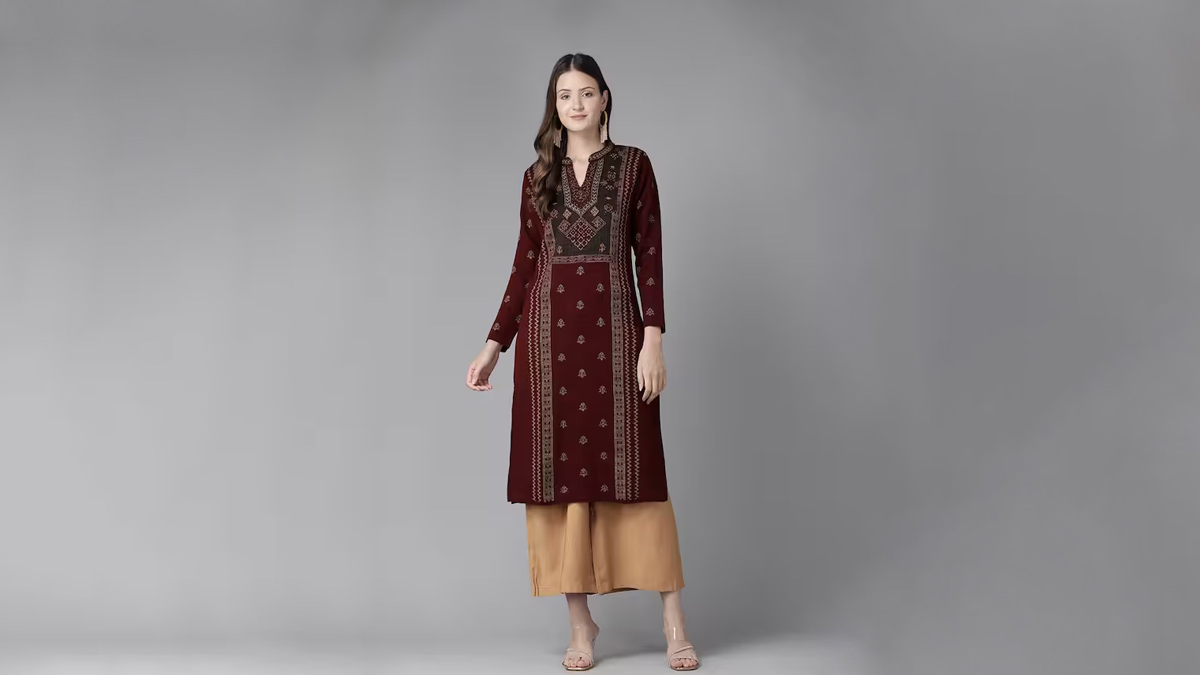Buy MONTREX Women's Winter Wear Light Fawn Latest Full Sleeve Self Design  Woolen V-Neck Kurta Straight Kurta |Size -M (1567LT.Fawn_M) at Amazon.in