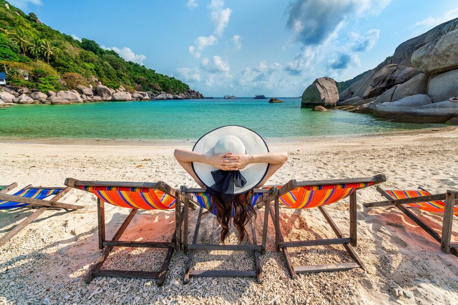 woman with hat sitting chairs beach beautiful tropical beach woman relaxing tropical beach koh nangyuan island 