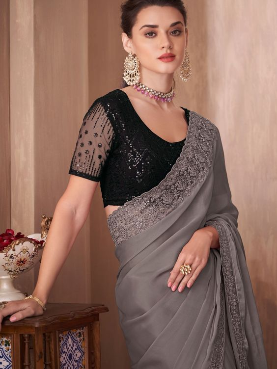 Black Sequin Satin Saree Contrast Blouse