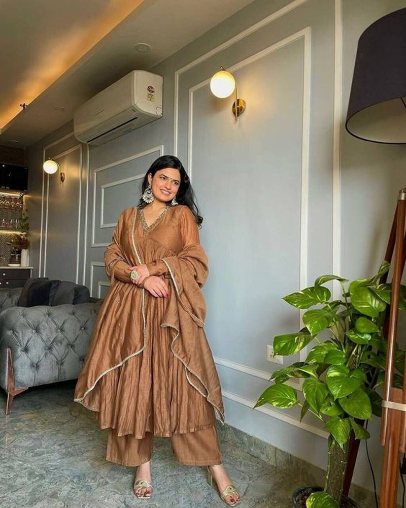 Brown Tissue Full Sleeves Anarkali Suit Designs