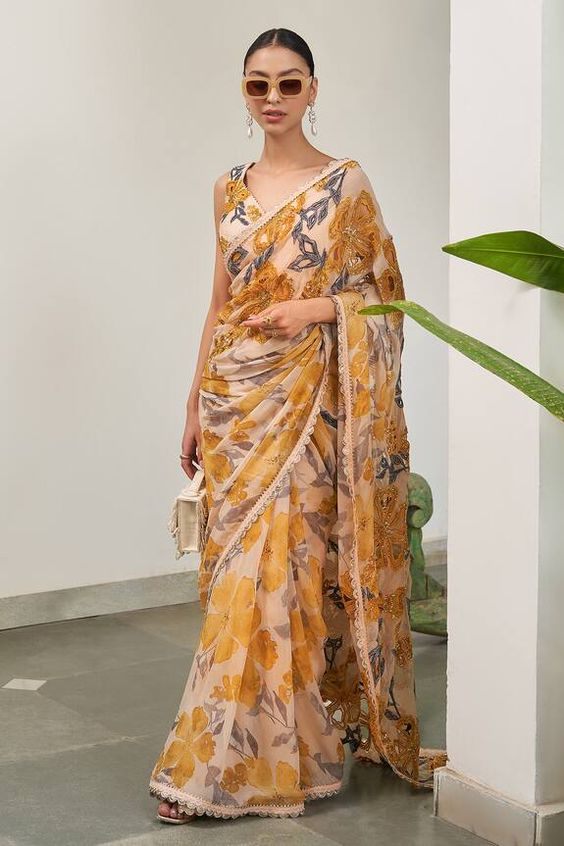 Embroidered Border Floral Chiffon Saree