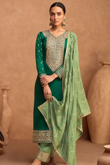 Embroidered Green Silk Suit Design