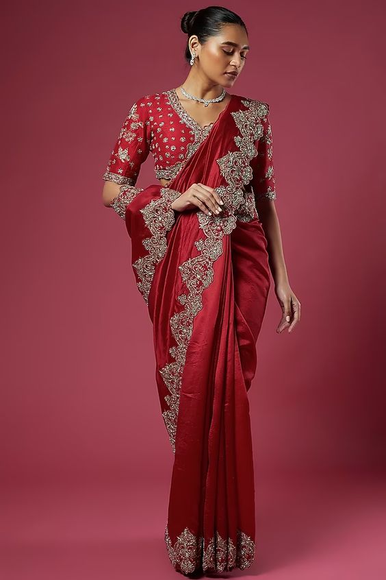 Embroidered Red Silk Saree