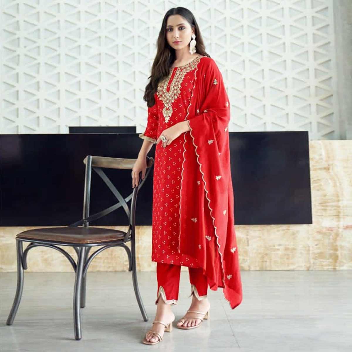 Gota Work Red Colour Suit