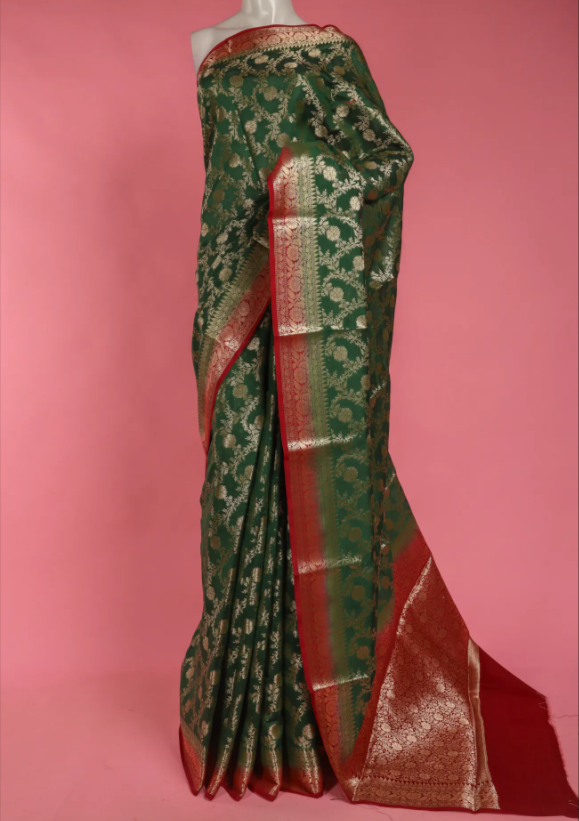 Green Cotton Saree With Red Border