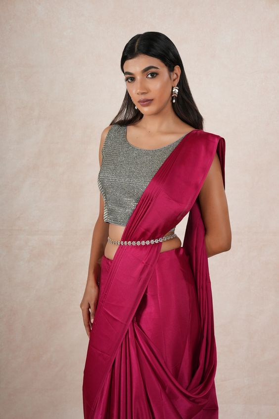 Grey U Neck Pure Satin Silk Saree Contrast Blouse