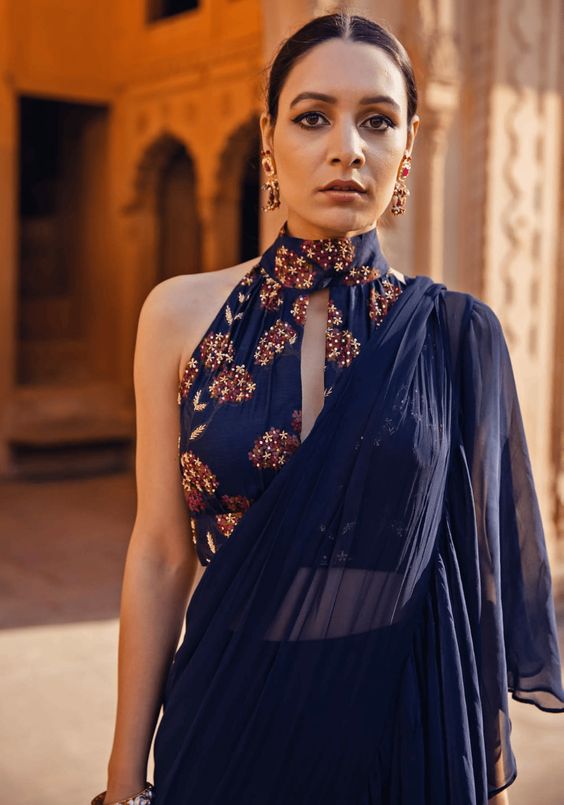Halter Neck Printed Blouse For Plain Saree