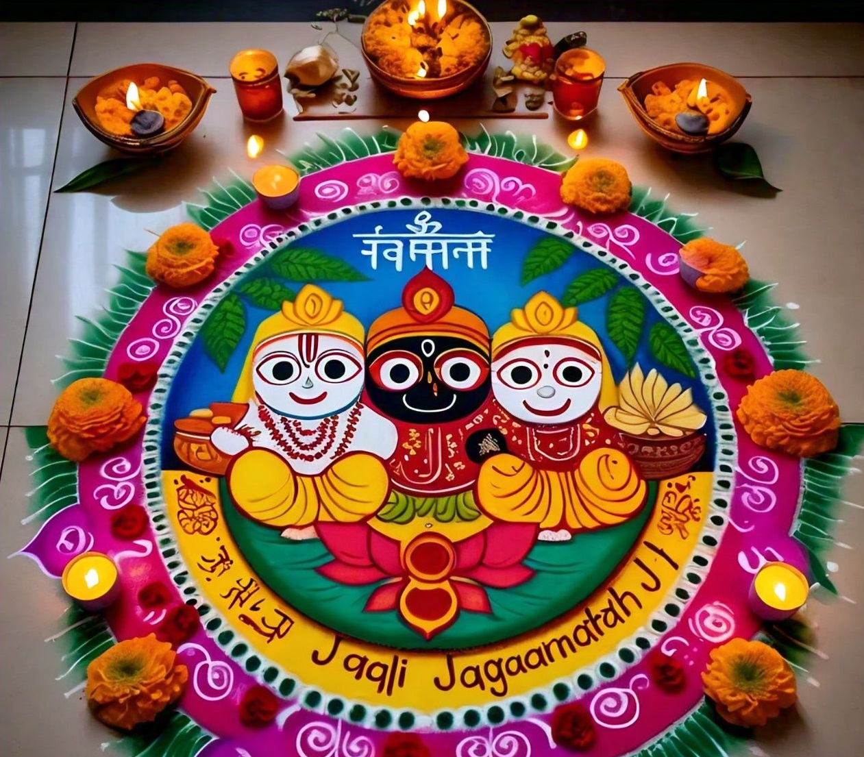 Lord Jagannath Rangoli at home