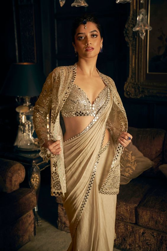 Mirror Work Long Jacket Blouse For Saree