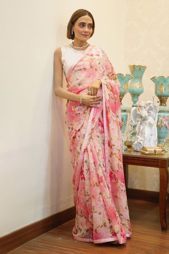 Pink Floral Chiffon Saree For Women