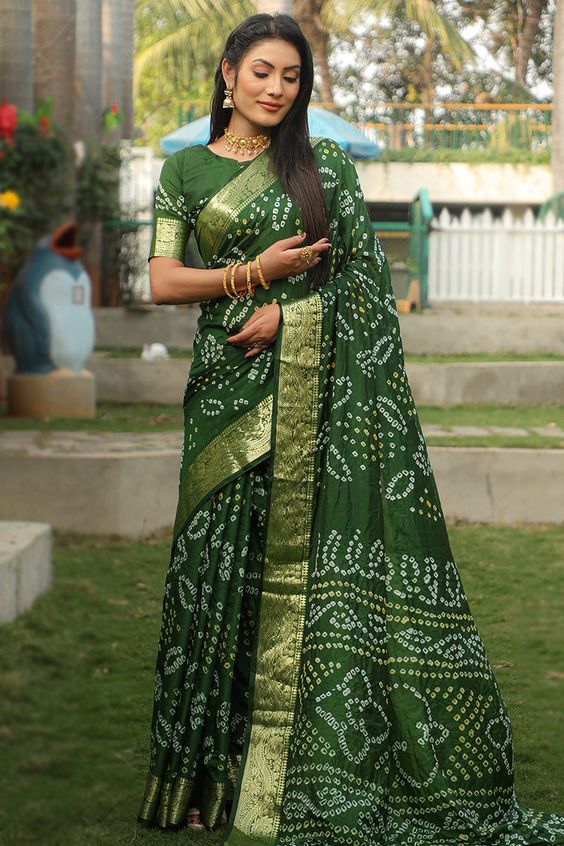 Printed Dark Green Cotton Saree