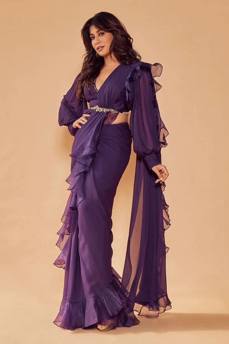 Purple Ruffled Designer Readymade Saree