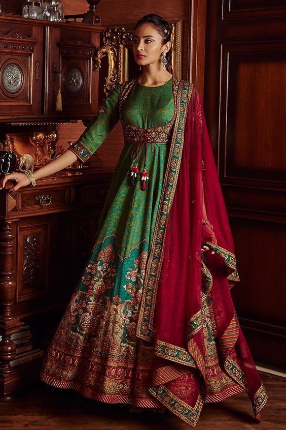 Red Embroidered Contrast Dupatta With Green Suit