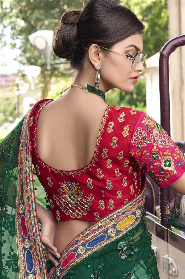 Red Sequin Green Saree Contrast Blouse
