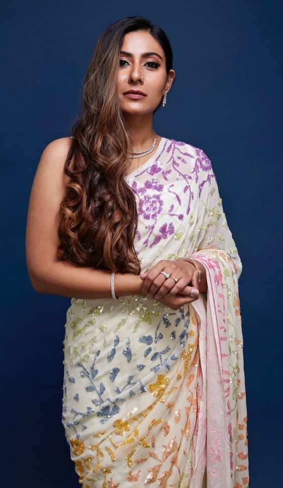 Sequin White Floral Chiffon Saree