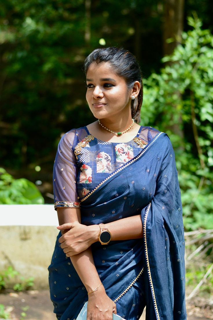 Sheer Sleeve Plain Saree Printed Blouse