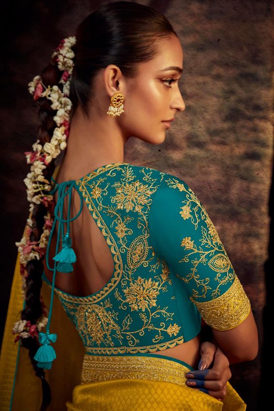 Silk Yellow Saree Contrast Blouse