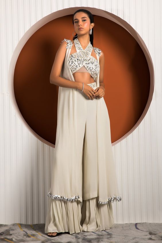 Silver Halter Neck Criss Cross Blouse Design