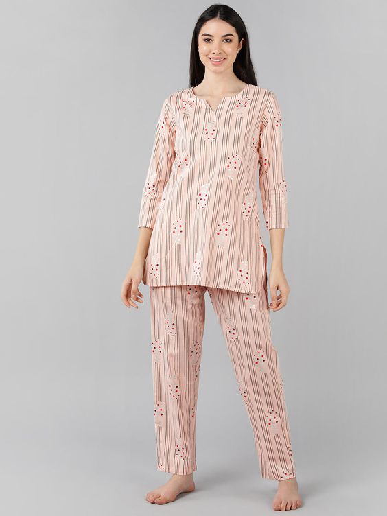 Striped Printed Cotton Night Suit
