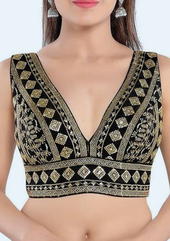 V Neck Embroidered Black Blouse Design