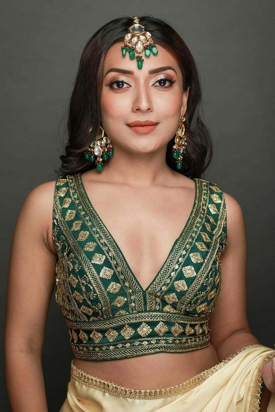 V Neck Silk Satin Saree Contrast Blouse