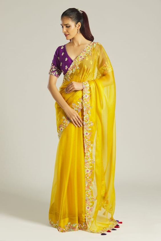 Stunning Yellow Saree Contrast Blouse Designs Herzindagi 2051