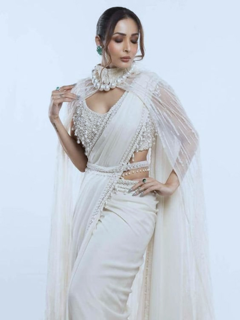 White Chiffon Designer Readymade Saree