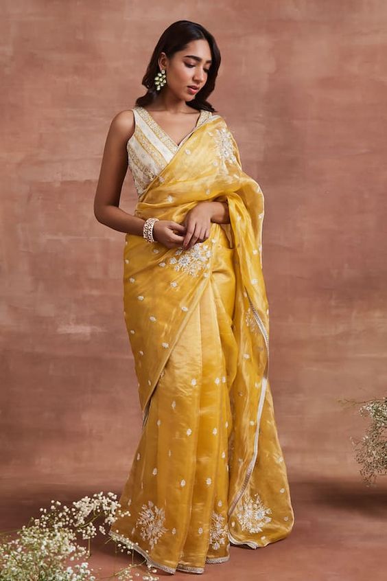 White Striped Yellow Saree Contrast Blouse