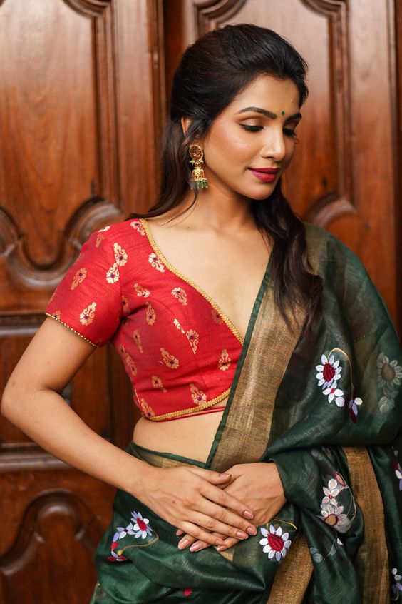 brocade deep neck blouse design for silk saree