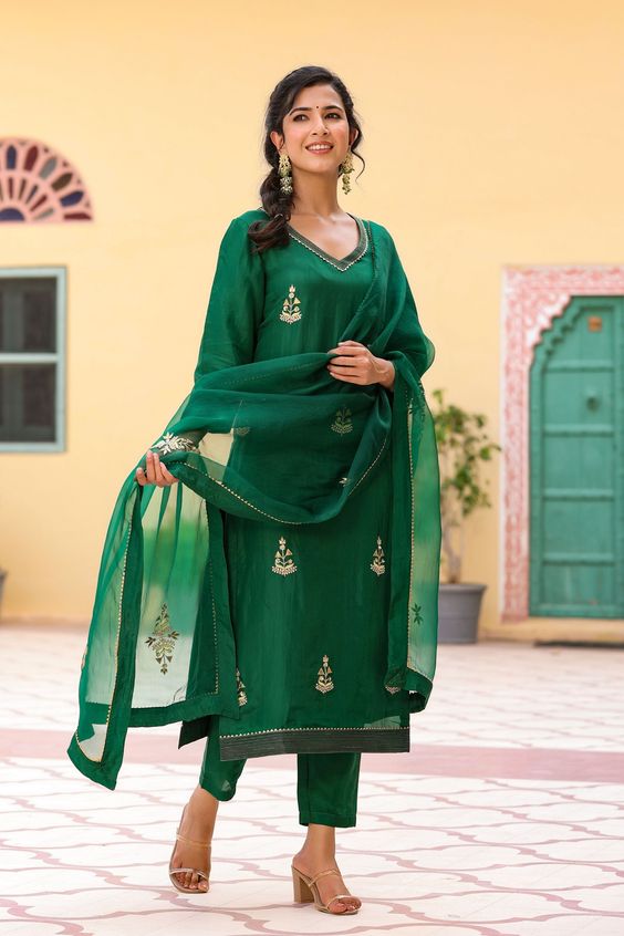 embroidered green suit for teej 