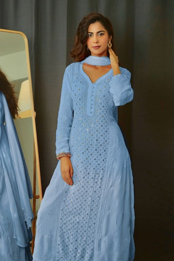 light blue chikankari kurti design