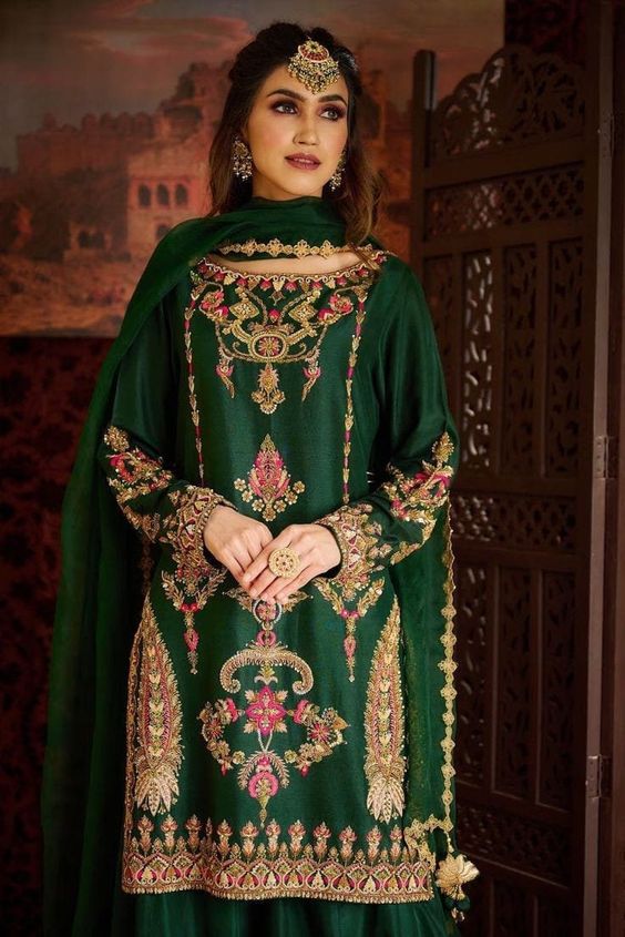pakistani green suit for teej 