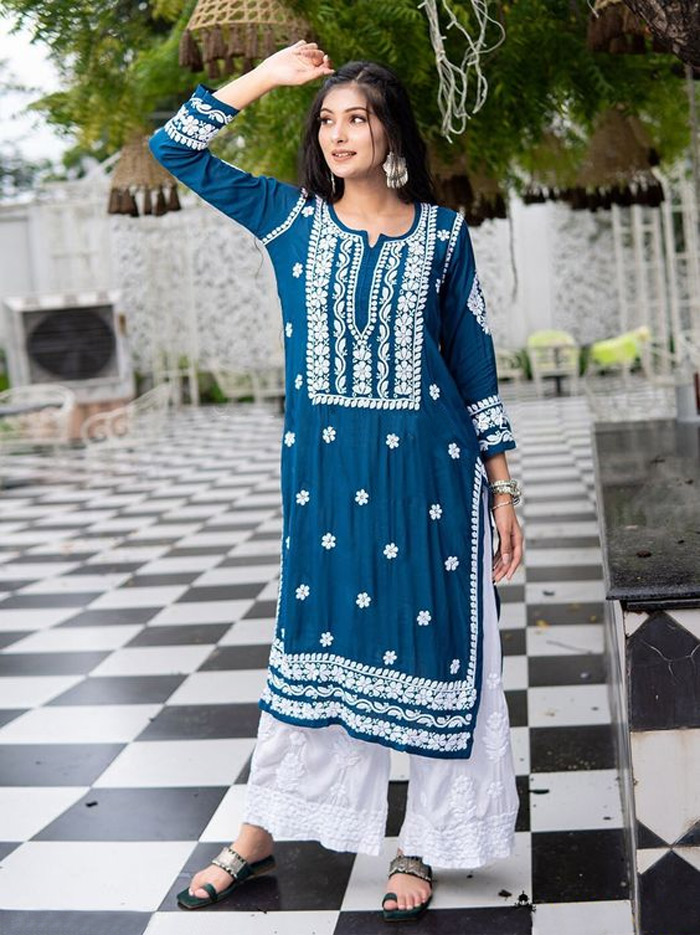 royal blue chikankari kurti design