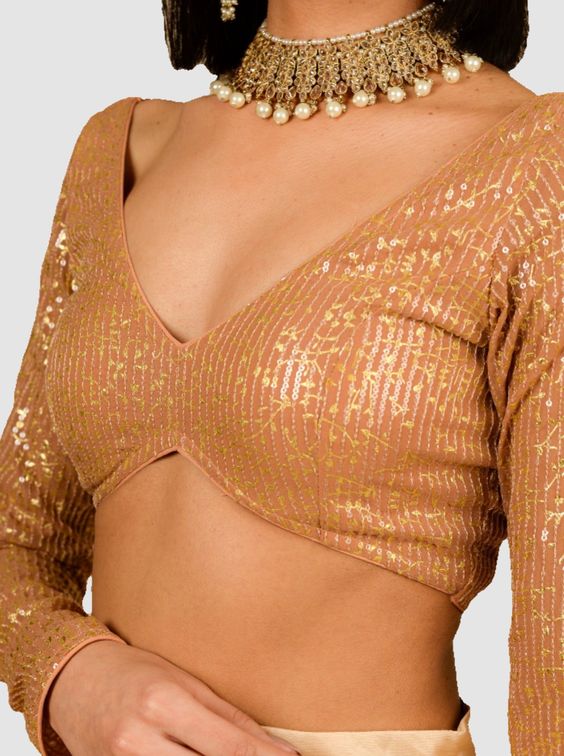 sequin deep neck blouse design for silk saree