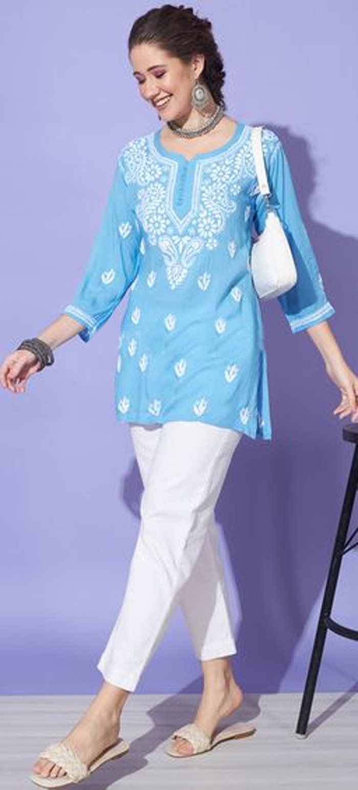 short sky blue chikankari kurti design