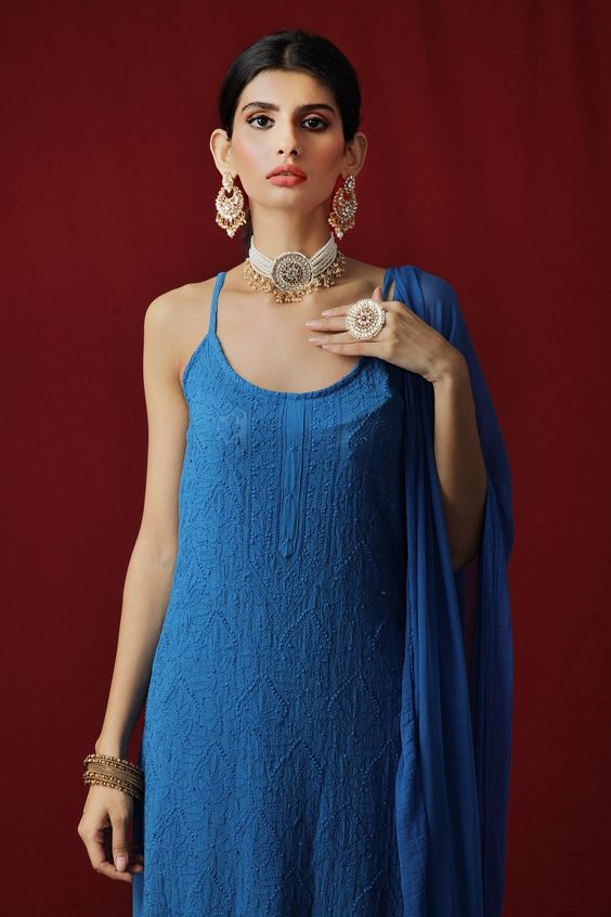 sleeveless blue chikankari kurti design