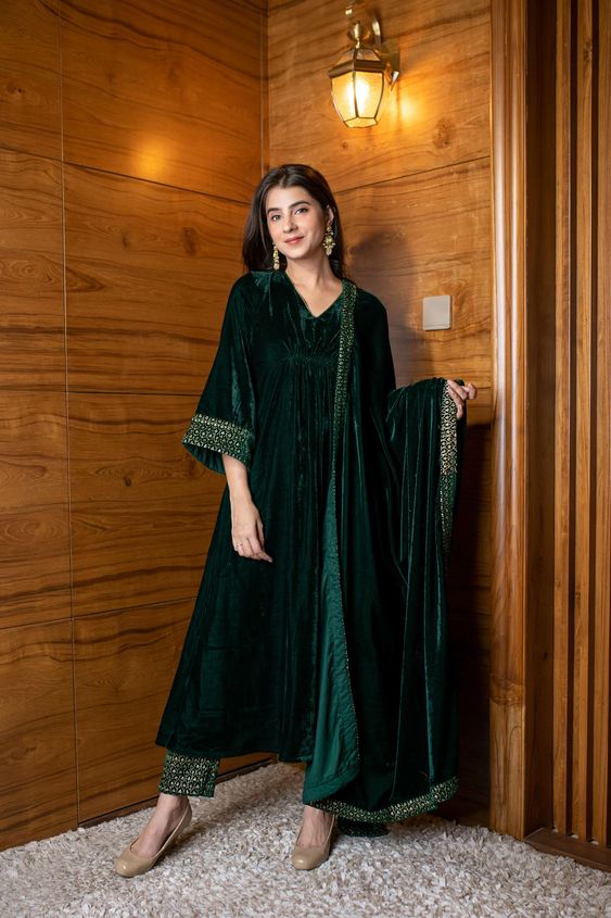 velvet green suit for teej 