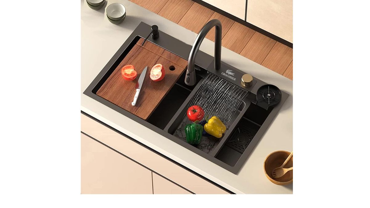 Crocodile Kitchen Sink, Anti-Scratch Honeycomb Design, Integrated Waterfall and Pull Down Faucet Set, Grade A Stainless Steel Sink with Cup Washer,