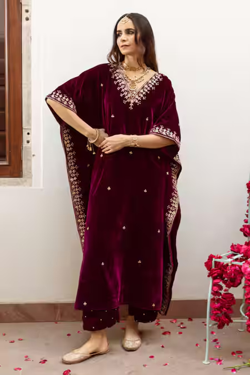Velvet Embroidered Kaftan Suit