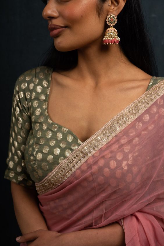 banarasi contrast blouse with pink sarees