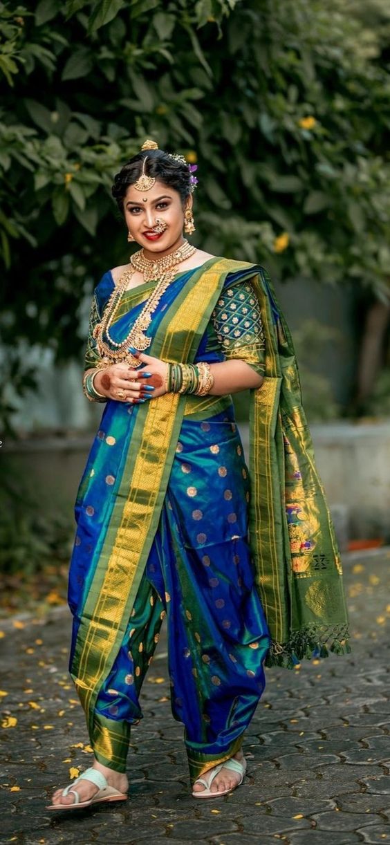 blue brocade nauvari saree